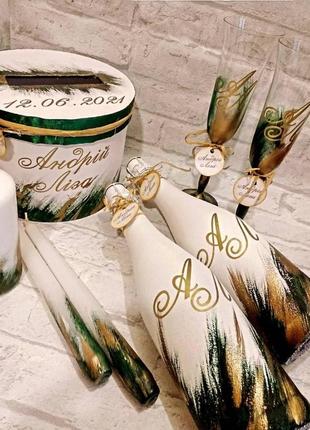 Весільні набори, декор бокалів, шампанського, свічки5 фото