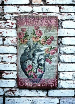 Декоративне серце з квітами , дерев'яне декороване панно картина 14х25см
