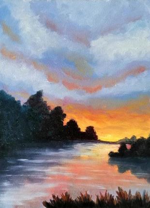 Картина маслом "захід сонця над річкою", 30х40 див.1 фото
