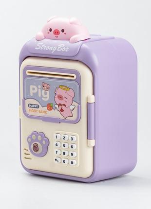 Сейф-скарбничка дитяча з купюроприймачем та кодовим замком "порося" фіолетовий2 фото