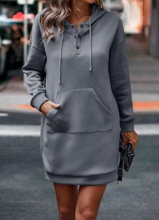 Платье-туника с капюшоном и карманом кенгуру фуме графит3 фото