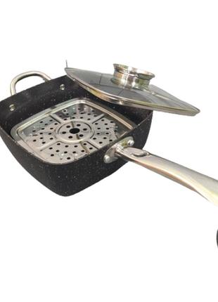 Сковорода-сотейник-фритюрниця з антипригарним мармуровим покриттям і з кришкою 24 см3 фото