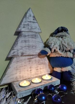 Дерев'яна ялинка з підсвічниками біла, декор до свят