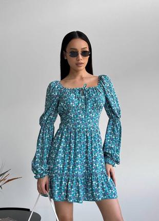 Платье мини лёгкое летнее со шнуровкой на спине завязкой на груди рукава на резинке с воланом штапель принт
