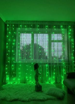 Світлодіодна гірлянда штора завіса "бахрома" 3*3м 300 led 220v g зелений пульт дк1 фото