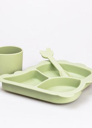Детский набор посуды динозавр, силиконовой чашка, тарелка с тремя секциями, ложка, зеленый