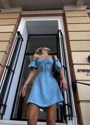 Потрясающее летнее мини платье грудь талия регулируется шнуровкой голубой3 фото