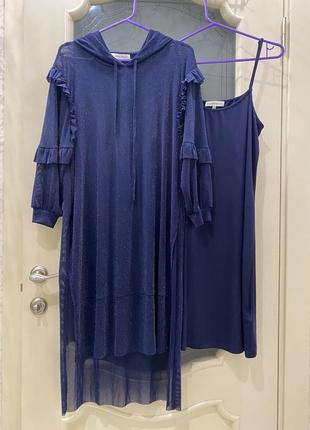 Сукня двійка, прозора туніка з рукавом + сарафан на тонких бретелях