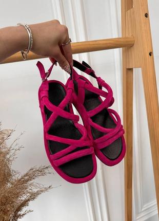 Босоніжки — європейські жіночі замшеві, сандалі з палітурками, натуральна замша, фуксія9 фото