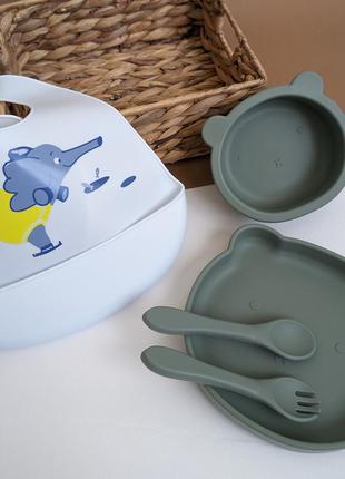 Набор силиконовой детской посуды для прикорма (5в1), силиконовая посуда для детей, силиконовая тарелка мишка1 фото