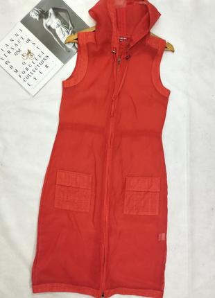 Шелковая  прозрачная жилетка платье на молнии оранжевый лен карманы2 фото