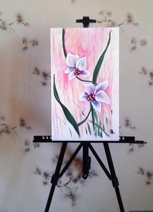 Картина "две орхидеи на рассвете", акрил, грунтованный картон, 30*502 фото