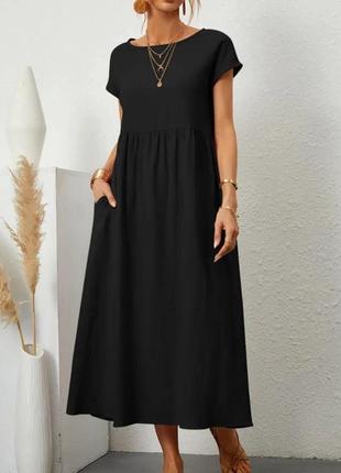 Летнее льняное платье с завышенной линией талии и цельнокройным рукавом черный1 фото