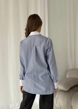 Классическая рубашка в полоску с белым воротничком+манжетами  синий4 фото