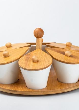 Набір керамічних баночок для приправ з ложкою та бамбуковою кришкою 6 шт5 фото