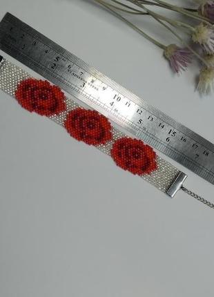 Широкий браслет из бисера с розами.5 фото