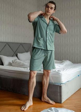 Мужской трикотажный пижамный костюм зеленого цвета3 фото