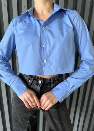 Бомбезная укороченная рубашка классический крой+ складки на манжетах и защип сзади голубой