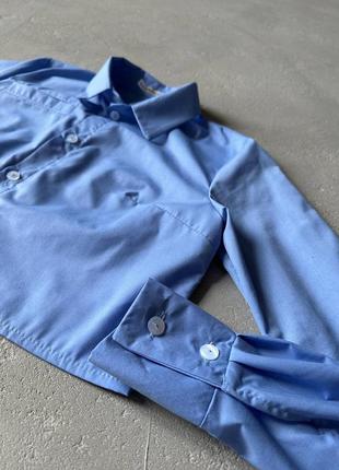 Бомбезна укорочена сорочка класичний крій + складки на манжетах і зборочка ззаду блакитний2 фото