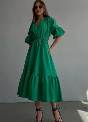 Легкое женское платье с поясом лен зеленый1 фото