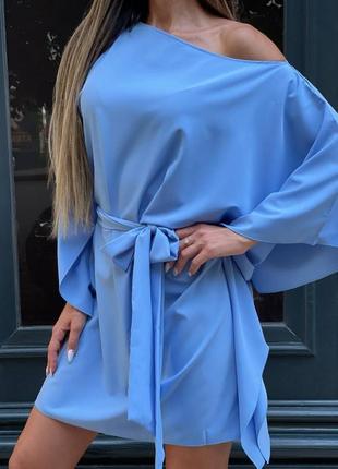 Легкое комфортное платье с пояском голубой2 фото