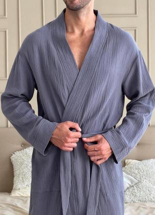 Чоловічий мусліновий халат estet темно-сірий6 фото