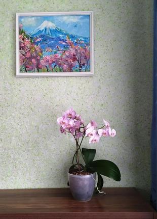 Картина маслом.сакура і гори .50х40 див. галерейна натяжка полотна.8 фото
