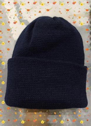 Мужская шапка с отворотом теплая вязаная двойная зимняя шапочка новая черный серый синий