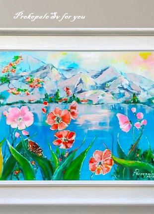 Картина маслом. озеро в горах! холст на подрамнике 50х60 см. галерейная натяжка холста.
