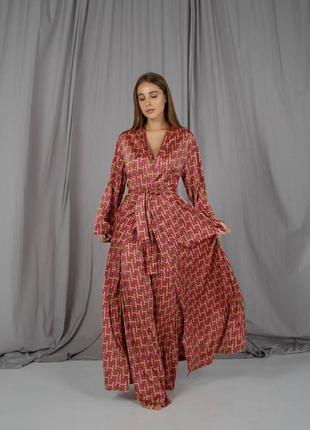 Женский пижамный шелковый костюм (бра+халат+штаны)4 фото