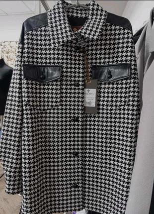 Трендовое короткое демисезонное пальто-рубашка оверсайз гусиная лапка (пиковское производство)