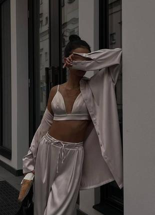 Женский шелковый костюм в пижамном стиле комплект рубашка широкие брюки