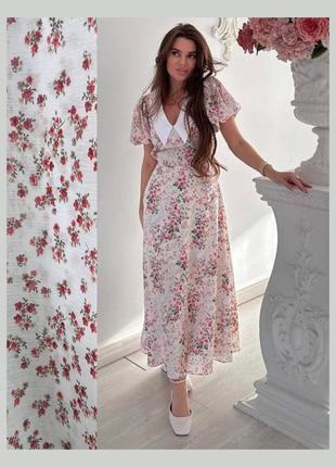 Платье шифоновое миди в цветочек с воротником длинное приталенное с поясом с рукавами фонариками чайное платье ретро винтаж молочное3 фото