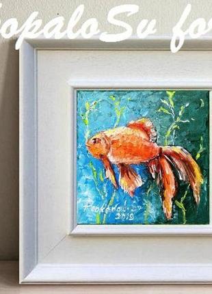 Картина маслом.золотая рыбка. холст на подрамнике. 15х15см.  галерейная натяжка холста.1 фото
