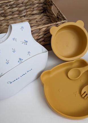 Набір силіконового дитячого посуду для прикорму (5в1), силіконовий посуд для дітей, силіконова тарілка ведмедик, слинявчик, ложка