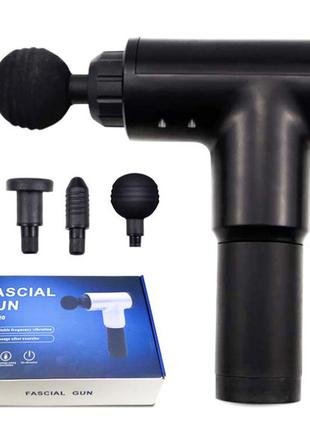 Портативний м'язовий масажер акумуляторний 6 швидкостей 4 насадки fascial gun kh-320 чорний