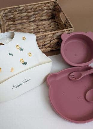 Набор силиконовой детской посуды для прикорма (5в1), силиконовая посуда для детей, силиконовая тарелка мишка