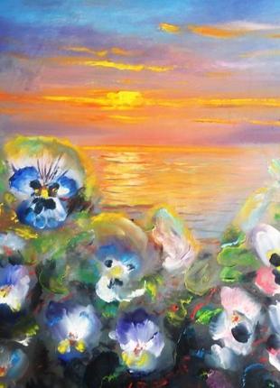 Картина море цветы маслом "фиалковые грезы" картина морской пейзаж
