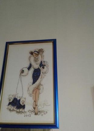 Картина вышитая крестом "дама с собачками"