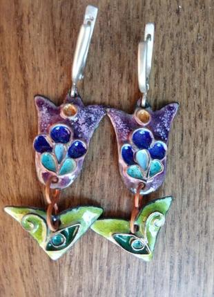 Сережки з емалями "тюльпан блакитно-пурпуровий"
