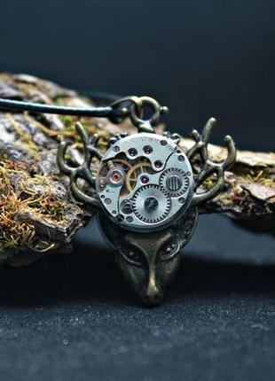 Кулон в стилі стімпанк кулон олень прикраса на шию з годинниковим механізмом4 фото
