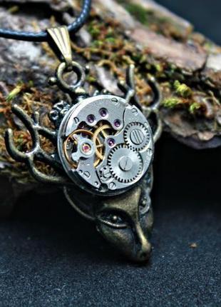 Кулон в стилі стімпанк кулон олень прикраса на шию з годинниковим механізмом