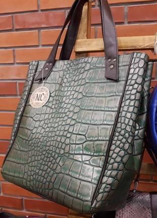Шкіряна сумка-шоппер "зелений крокодил"3 фото