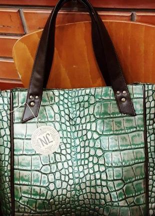 Кожаная сумка-шоппер "зеленый крокодил"2 фото