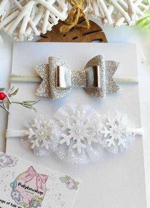 Повязка для девочки снежинки снежинка новогодняя повязка серебряный бантик на повязке