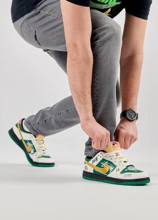 Мужские кроссовки nike sb dunk low x stussy 572 green beige кожаные бежево-зеленые найк данк весна/осень