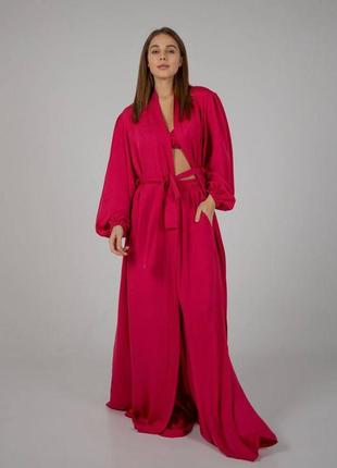 Женский пижамный шелковый костюм (бра+халат+штаны)2 фото