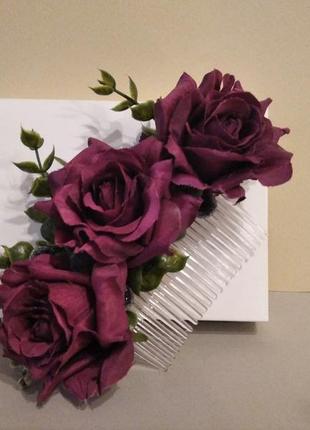 Гребень с бардовыми розами, красивая заколка3 фото