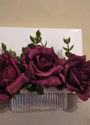 Гребень с бардовыми розами, красивая заколка1 фото