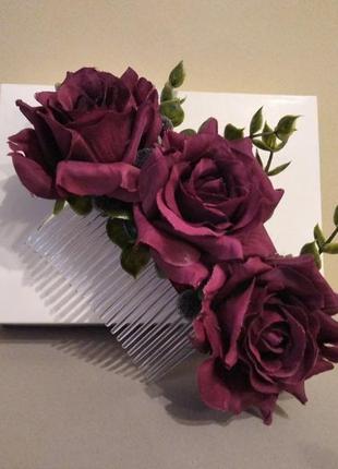 Гребень с бардовыми розами, красивая заколка2 фото